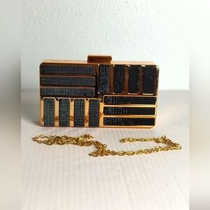 Satin Acrylic Evening Clutch Bag Clasp Closure Gold/Black Cocktail Party
